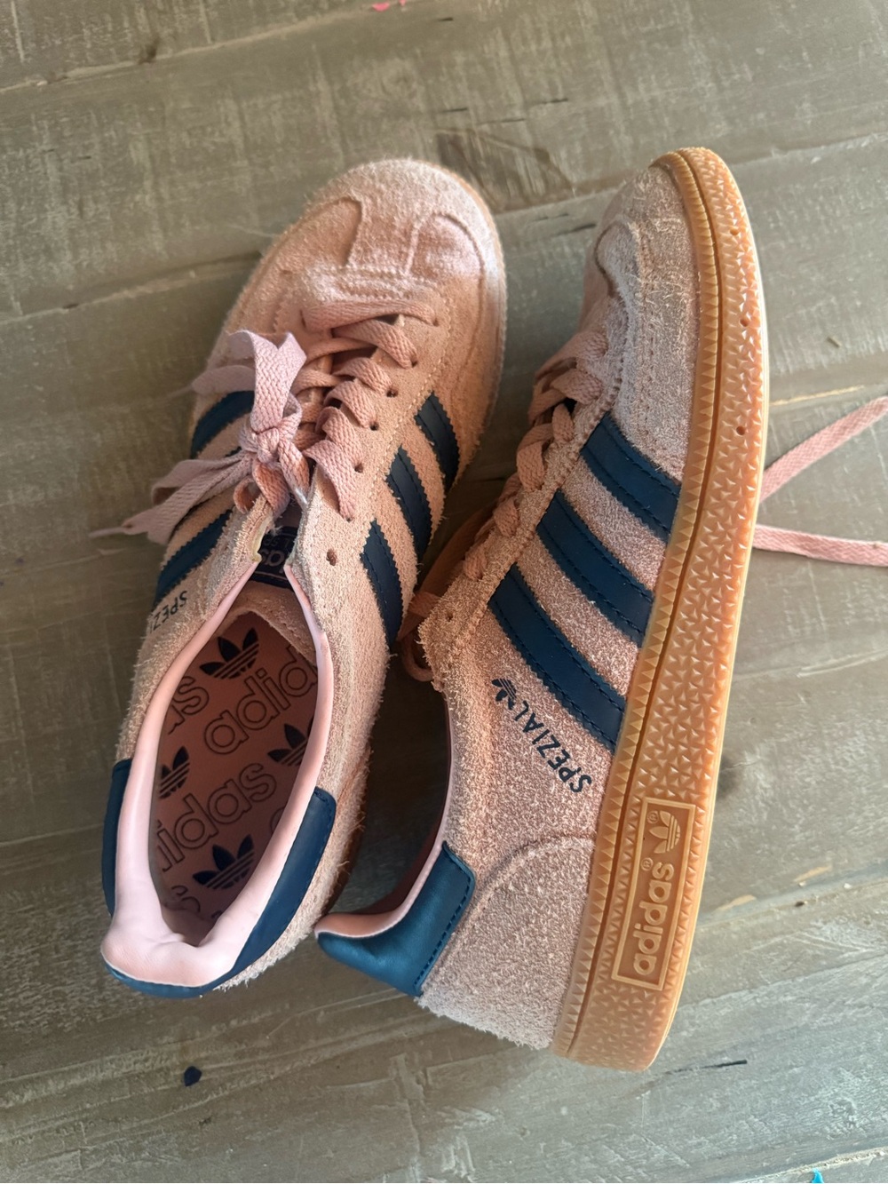 adidas Suede Sneakers in Blush Pink with Navy Stripes